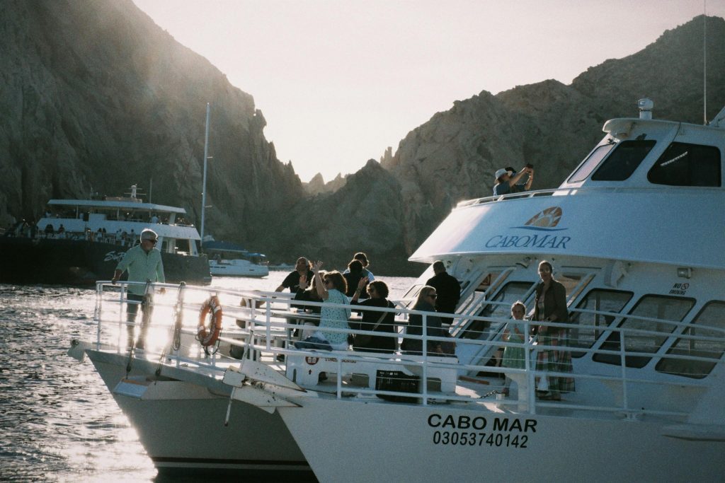 Ferry in a Lake Among Mountains